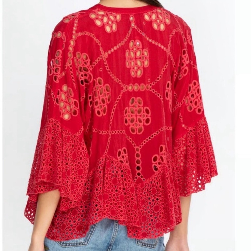 JOHNNY WAS XANTHOS RAE BLOUSE Embroidered Frilly Eyelet Red Sz Medium - Picture 2 of 13